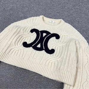 Celine Cream Cable Knit Sweater with Black Logo